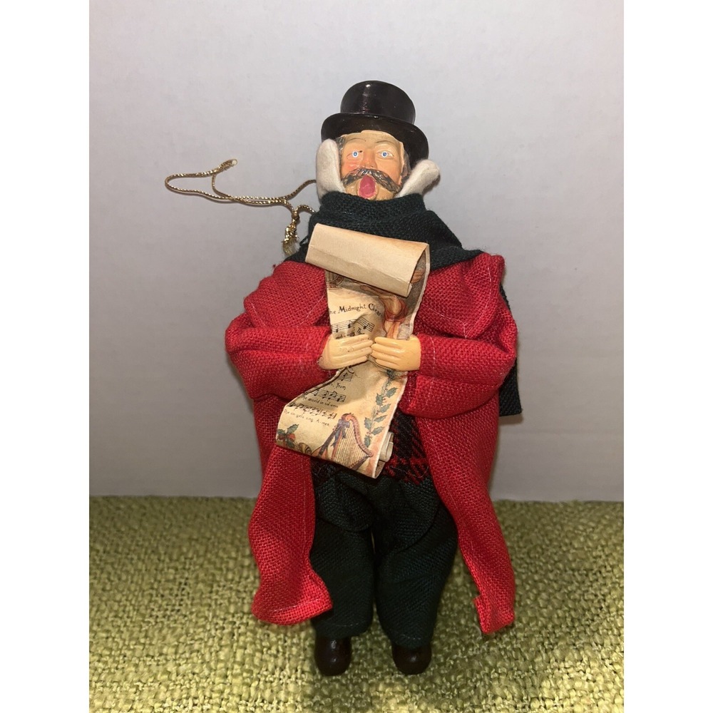 vintage‎ christmas caroler figurine Man Holding A Scroll , Burlap Coat,top Hat
